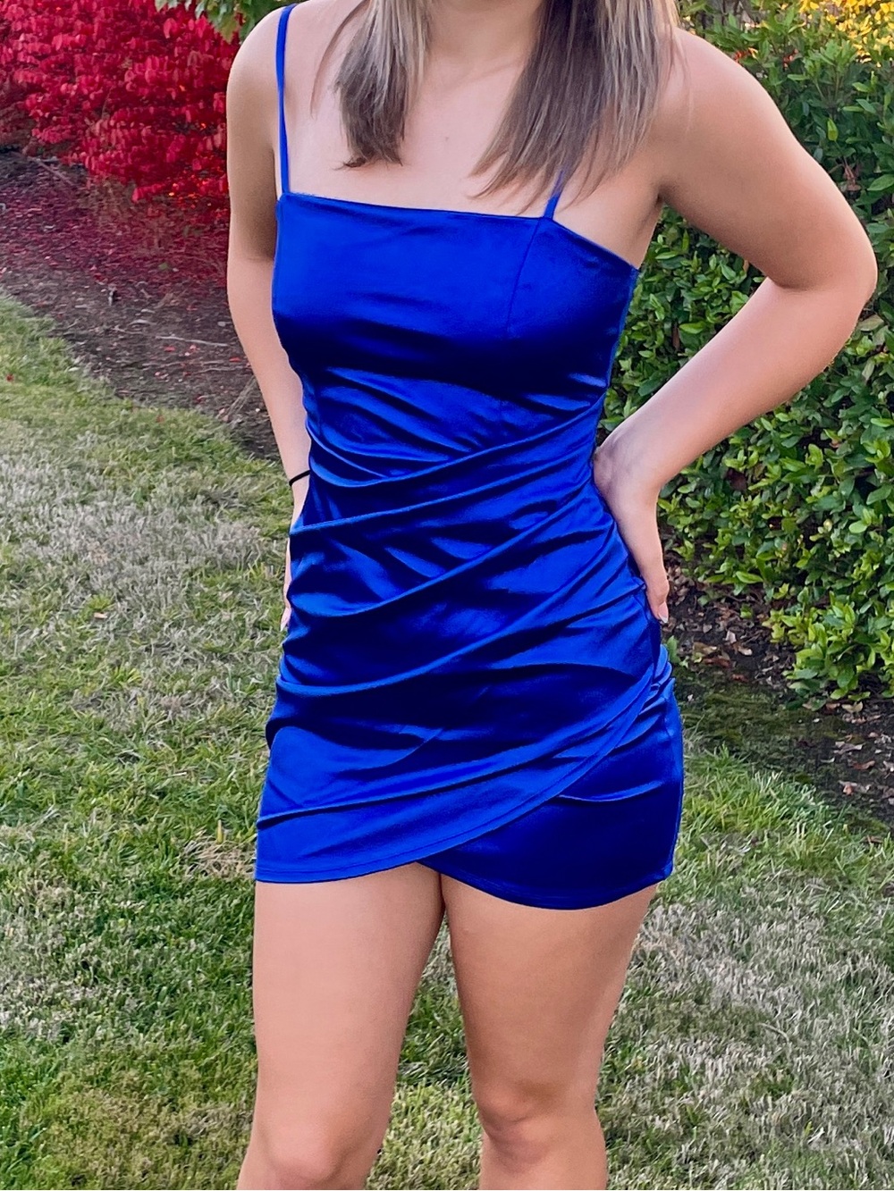 Royal Blue Satin Mini Dress with Spaghetti Straps